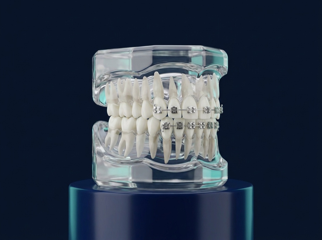 Modelo dental anatómico con ambas arcadas, raíces y ortodoncia
