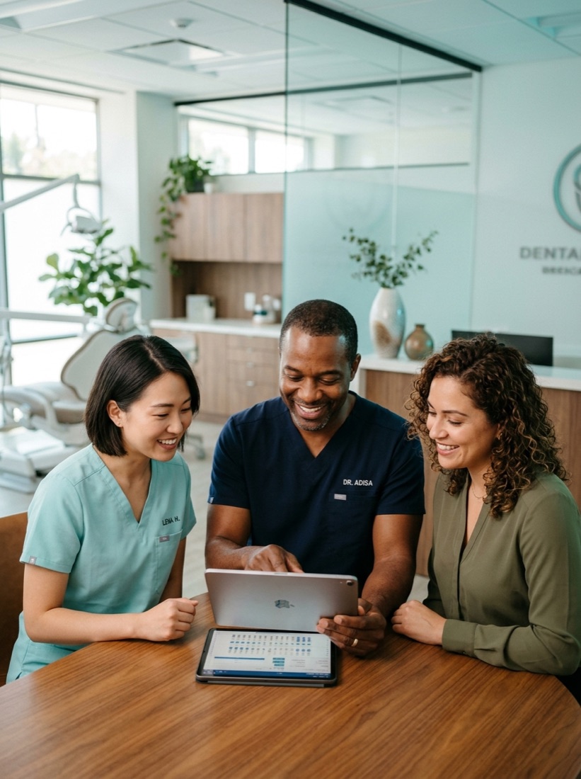 Equipo de una clínica dental colaborando alrededor de una tablet