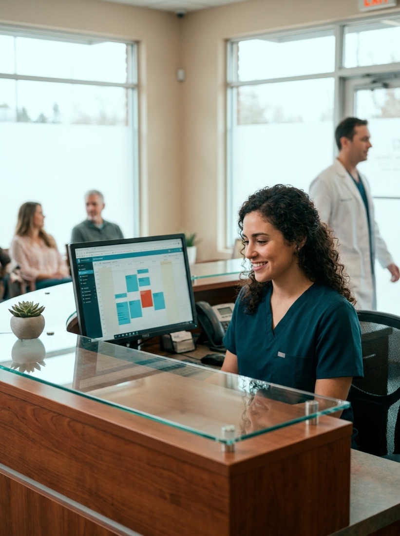 Recepcionista de consultorio odontológico gestionando turnos en la computadora